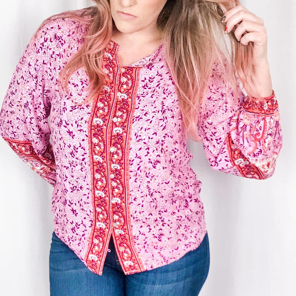 SOLD OUT NWT Pink & Orange Button Front Floral Boho Blouse